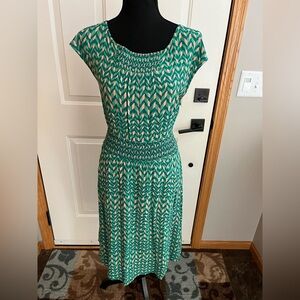Anthropologie Maeve green Evaline smocked waist midi A line dress. Size medium